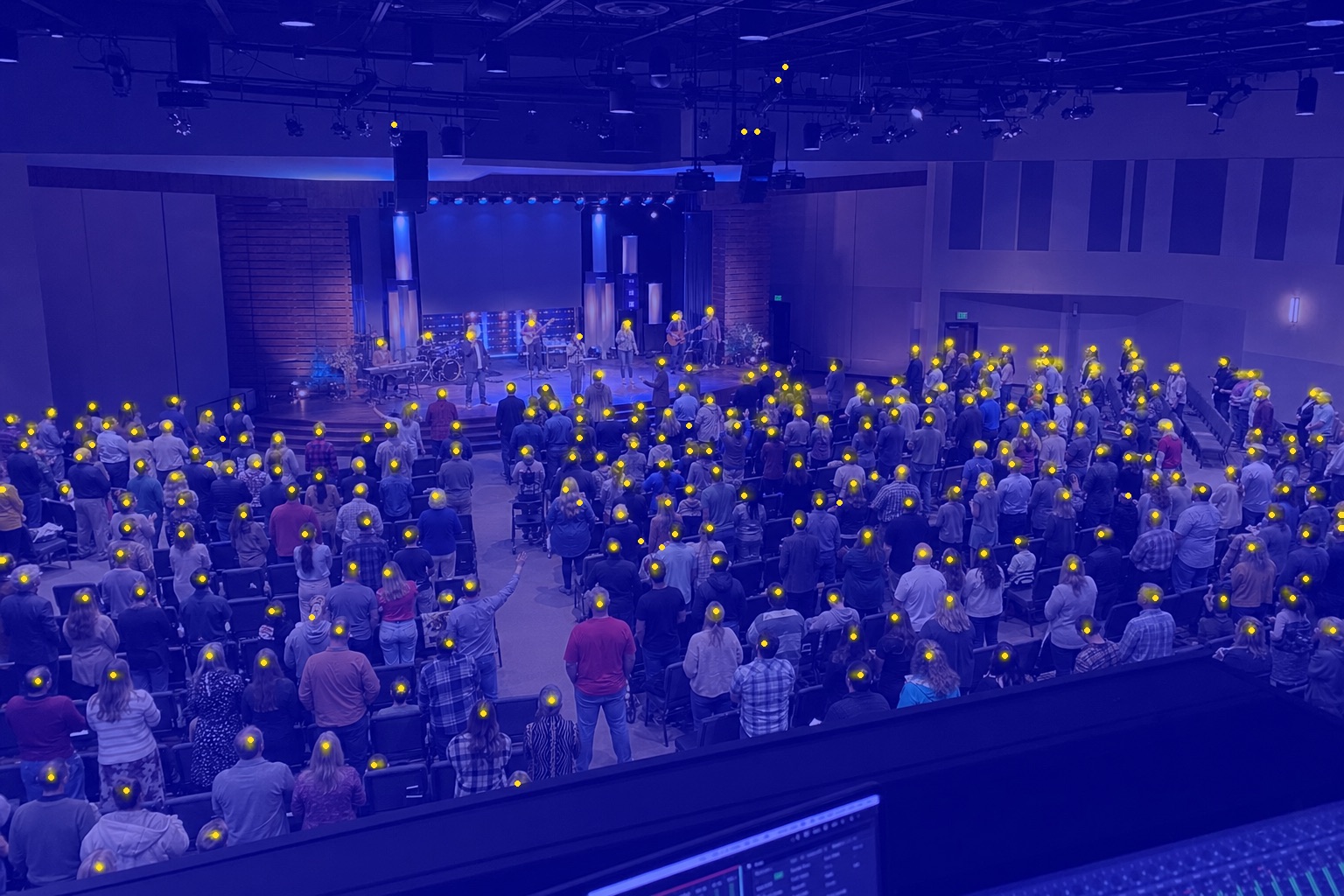 Crowd Counter detection map marking each attendee in the same sanctuary
