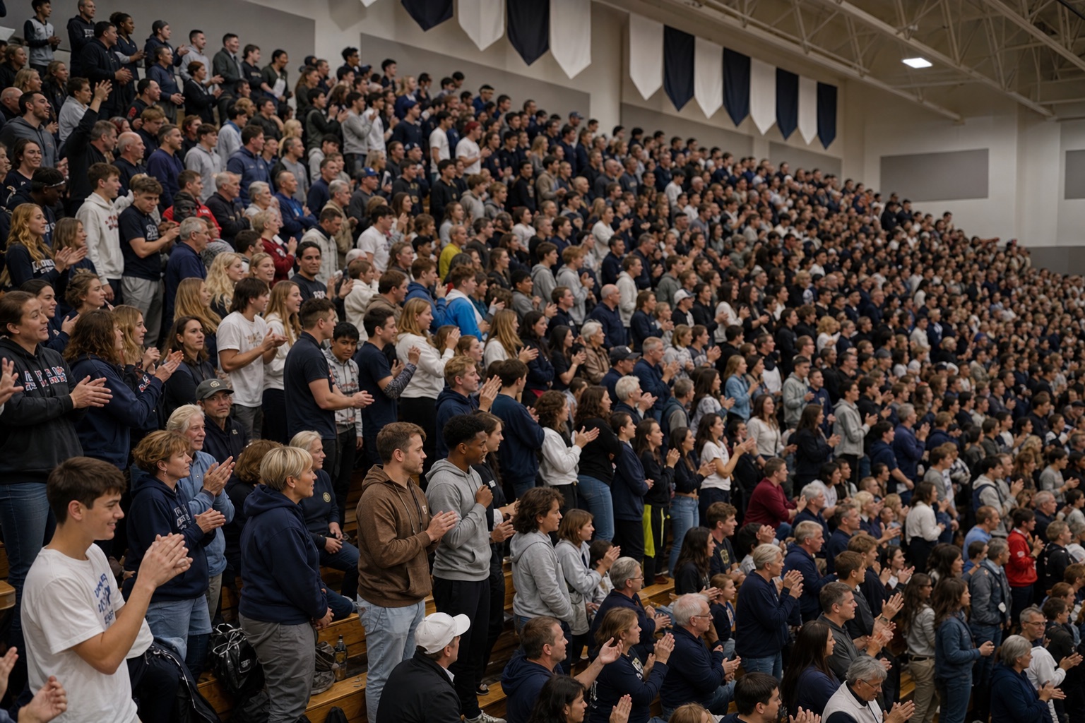 Packed gym bleachers at a college basketball game, photographed from the scorer's table
